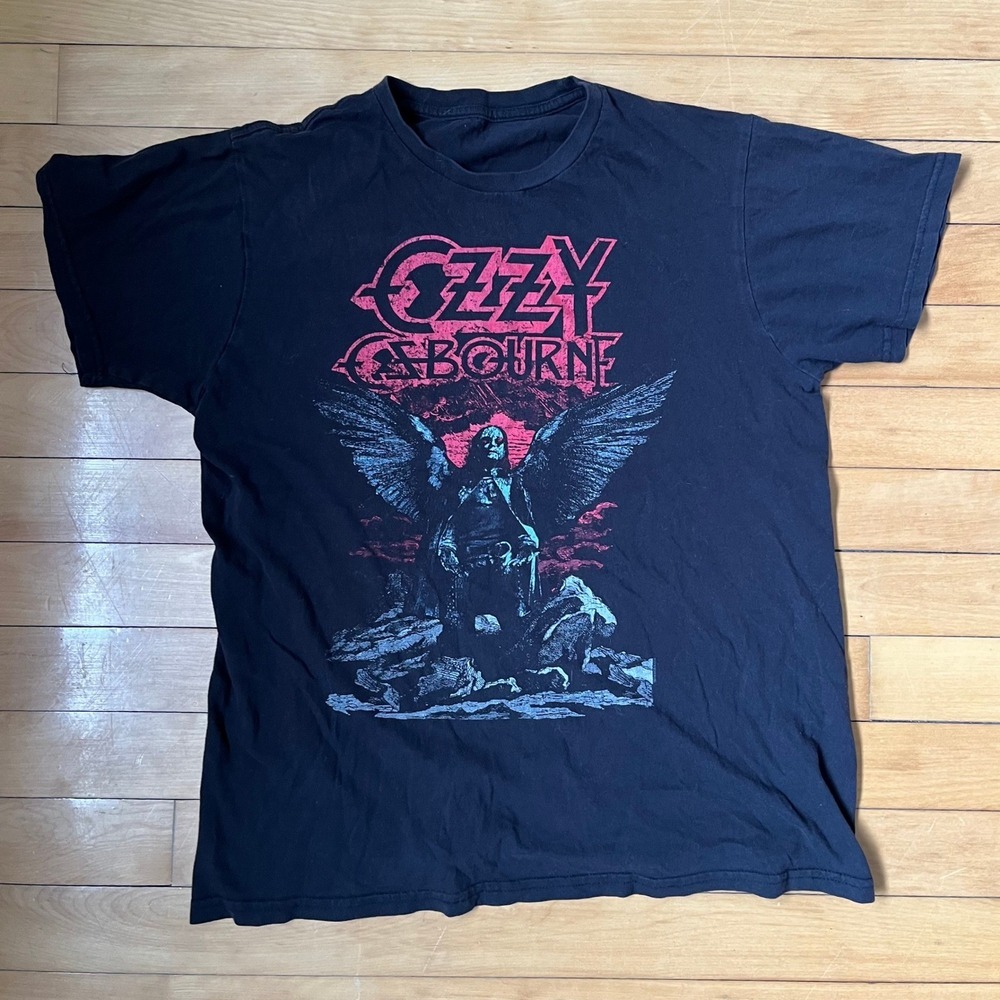 Ozzy Osbourne Black Graphic T-Shirt Winged Angel Heavy Metal Band Tee Medium